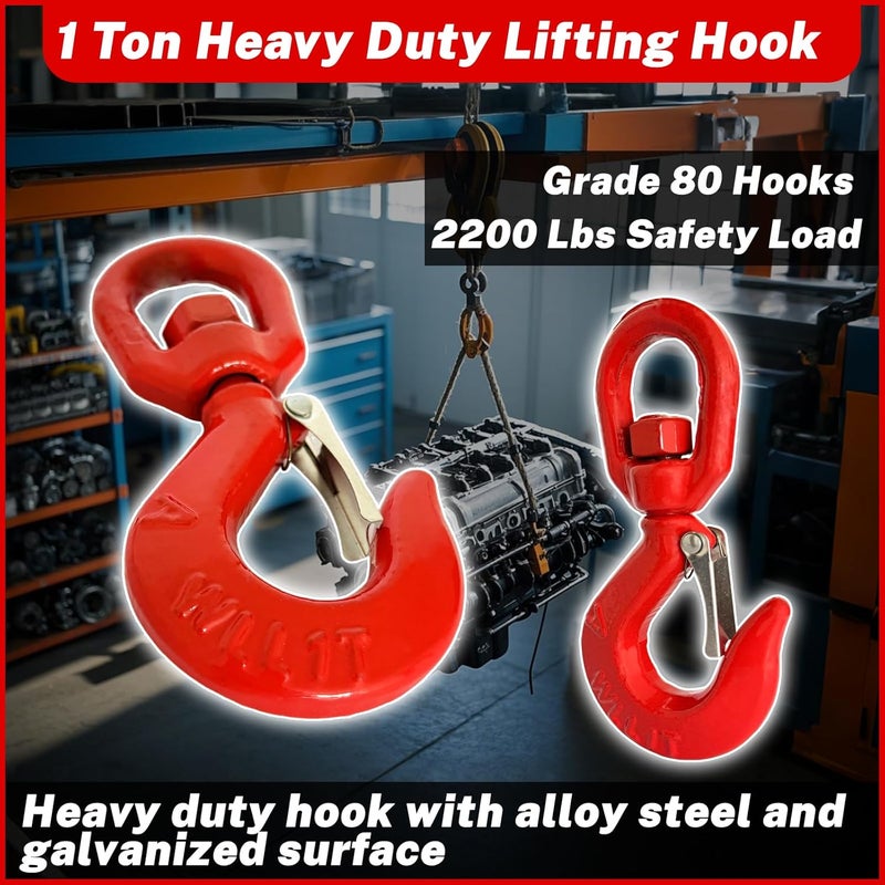 HENBOW 1 Ton Swivel Lifting Hooks,G80 Safety Tow Chain Hooks with Latch,2200Lbs Safety Load Limit,Heavy Duty Alloy Steel Round Rotating Sling Towing Log Hook for Lifting and Towing - Image 2